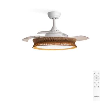 CREATE / WIND CLEAR/Ventilador de techo con luz blanco y mimbre trenzado con mando / 40W, Ø108 cm, temporizador, 6 velocidades, aspas retráctiles, 3 temperaturas de luz, función verano-invierno
