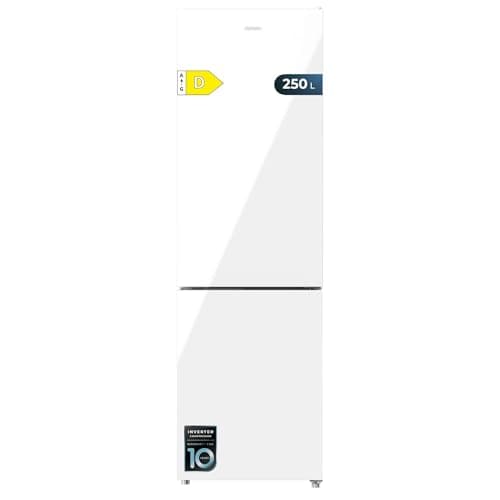 Cecotec Frigorífico Combi Bolero CoolMarket Combi 250 White Glass D. Compresor Inverter Plus, Cristal Blanco 180X55Cm, 250L, No Frost, Clase D, Multi Air Flow, Fast Cooling Y Cajón Humidity Box