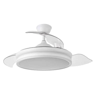 TODOLAMPARA - Ventilador de techo con luz LED 36W motor DC modelo BAYOMO Blanco, 3 tonalidades, aspas retráctiles, 6 velocidades, control remoto, memoria, temporizador, silencioso y bajo consumo