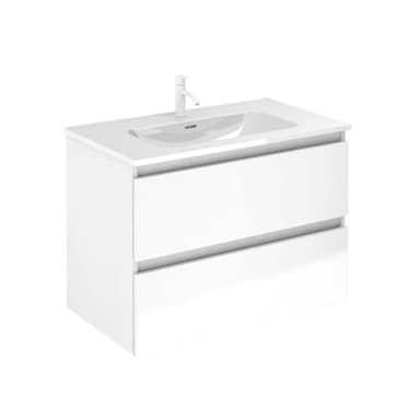 EstiloBaño - Aurora | Conjunto Mueble de Baño SUSPENDIDO con 2 Cajones + Lavabo | Disponible 60-80-100 + Blanco - Nogal 【Ancho 100】 【Blanco Brillo】