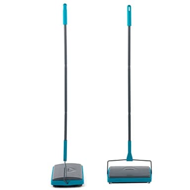 Beldray LA024855TQ Escoba De Alfombra para Recoger Las Suciedades De Mascotas, Desliza Fácilmente, con Cuatro Ruedas Suaves, Delgada Y Compacta, Ahorra Espacio, Turquesa/Gris