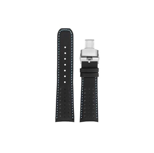 Compatible con Citizen Blue Angel Men Radio Wave AT8020-54L/ 8020-03L/ JY8078 correa de reloj de cuero genuino con extremo curvado pulsera de 22mm 23mm(Black Blue-silver Folding,22mm)