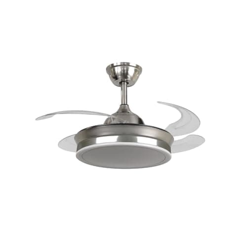 VENTILADOR APP MOVIL FACIL MONTAJE EN TECHO DC LED ATENUABLE RETRACTIL 4 ASPAS - Opción Sin Pitido, Temporizador, Control Invierno Verano, 3 Tonos, Modo Brisa, Bajo consumo (Níquel, 91D)
