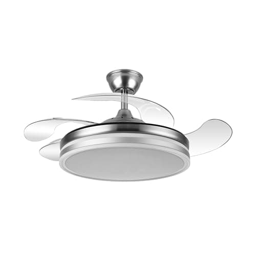 FABRILAMP - Ventilador de Techo con Luz LED 59W | Motor DC Modelo BAYOMO NIQUEL | 4 Aspas Retráctiles | 3 Tonalidades | 6 Velocidades | Control Remoto | Temporizador | Silencioso, Blanco, Mediano