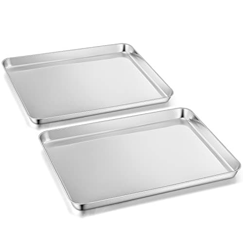 Herogo Juego de 2 bandejas de horno de acero inoxidable, bandeja grande rectangular para horno, bandeja para tartas, sartén grasa para hornear, servir, acabado espejo y no tóxico, apto para