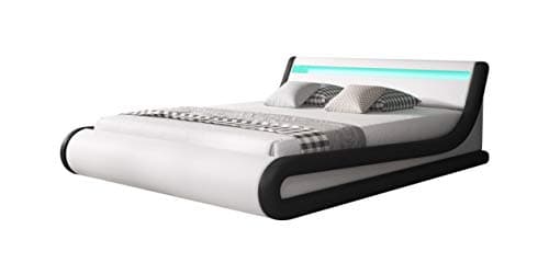 MB Muebles Bonitos, Cama de Matrimonio Parisina para Colchón de 150x190 cm, Luz LED, Canapé Abatible, Somier de Láminas, Estructura de Madera tapizada en Polipiel, Color Blanco y Negro
