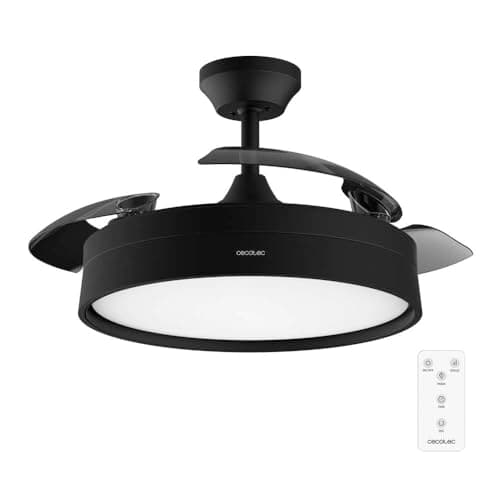 Cecotec Ventilador de Techo con Luz y Aspas Retráctiles EnergySilence Aero 4200 Invisible Black. 30W, Motor DC, Diámetro 42", Temporizador, 6 Velocidades, Mando a Distancia y Modo Winter-Summer