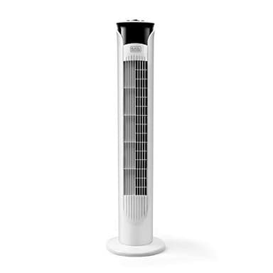 Black+Decker – BXEFT47E Ventilador de torre oscilante silencioso. 81 cm de altura. 3 velocidades. Temporizador 2 horas. Base antideslizante. Asa de transporte. Potente flujo de aire. Blanco.