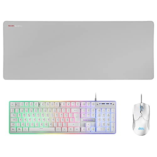 Mars Gaming MCPX, Combo Gaming 3en1 con Teclado H-MECH Iluminado, Ratón Ultraligero 10000 DPI con Software y Alfombrilla XXL, Compatible con PC, PS4, PS5, Xbox, Portugués, Blanco
