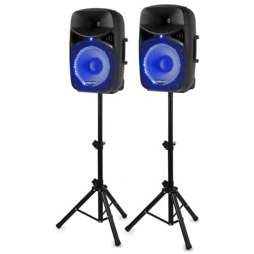Vonyx VPS122A Altavoces autoamplificados Pack de 2 Altavoces Activo/Pasivo Bluetooth portátiles de 800W, 12 Pulgadas, micrófono con Cable, Control Remoto, Trípodes, Reproductor MP3 con USB y SD, Leds