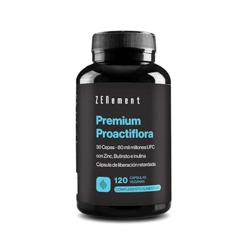 Premium Proactiflora, 30 Cepas | 80 mil millones de UFC + Butirato, Inulina y Zinc, Probióticos y Prebióticos Intestinales, 120 Cápsulas Gastrorresistentes | Suplemento Digestivo | Vegano | Zenement