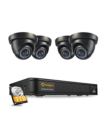 Anlapus CCTV Kit de Cámaras de Vigilancia Exterior 8CH 2MP H.265+ DVR con (4) Cámara de Seguridad, IR Visión Nocturna, Alarma de Movimiento, 1TB Disco Duro