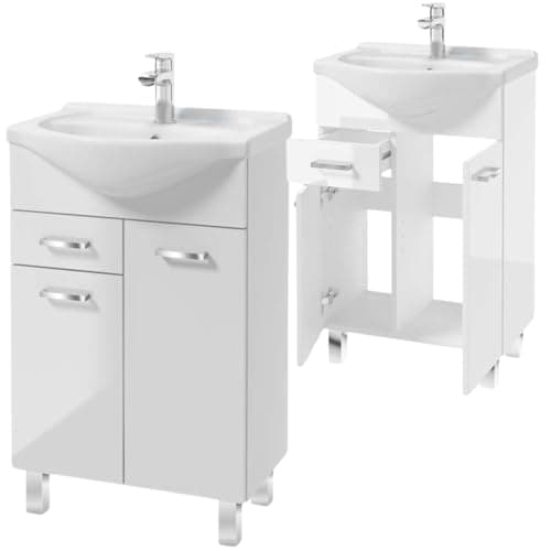 Domodomo - Mueble de baño con Lavabo, 85 x 55 x 42 cm, Mueble de baño de pie con cajón y Armario Inferior, Lacado, Elegante Juego con Lavabo de cerámica, Mueble bajo Lavabo Bianco - Lavabo con Mueble