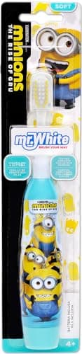 Minions - Cepillo de dientes a pilas con tapa de protección, sistema de cabeza vibratoria suave y mango cómodo para niños de más de 4 años, incluye 1 pila AA