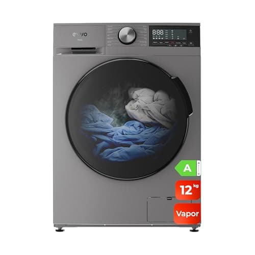 EVVO Lavadora 12kg, Vapor, Motor Inverter, Bajo consumo, Clase A, Hygiene Pro, Lavado Rápido 15', Tambor ePROTECT, SMART LOAD, 1400 rpm, 13 programas, Carga frontal, Nova (12Kg, Inox)
