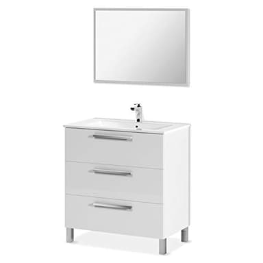 ARKITMOBEL 305423BO Mueble de Baño, Melamina, Espejo, Blanco Brillo, 3 Cajones