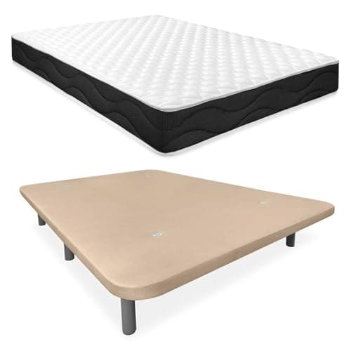 Homey - Cama Completa con Colchón Sleep Pro Reversible + Base Tapizada Extra Reforzada con 6 Patas Cilíndricas Metálicas Roscadas, 150 x 190, Beige