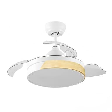 Ventilador de Techo con luz Led 72W y Mando a Distancia, motor DC, 6 velocidades, Silencioso,4 Aspas desplegables, función verano-invierno, temporizador (Blanco Madera)