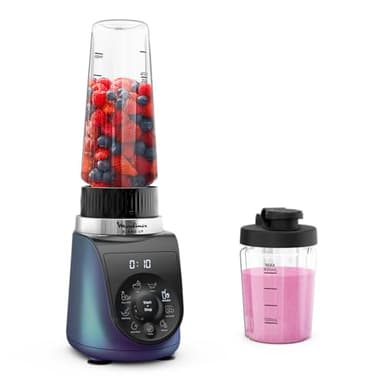 Moulinex Mix & Move LM15FD - Batidora individual, batidora smoothie de 4 cuchillas con 2 recipientes portátiles de 600 ml, 1 velocidad, para zumos y smoothies, acero inoxidable