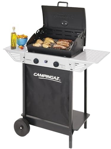 Campingaz Xpert 100 L Plus Rocky Barbacoa Gas para Piedra Volcanica, con 2 Quemadores, 7.1 kW de Potencia,2 Parrillas de Acero Cromado,2 Mesas Laterales y Rocas de Lava,Negro, 98 x 48 x 124 cm