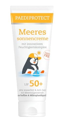 PAEDIPROTECT Crema solar marina para niños y bebés, SPF 50+ 75 ml, sin perfume y resistente al agua, factor de protección solar para el cuerpo y la cara, protección contra la radiación UVA/UVB, vegana