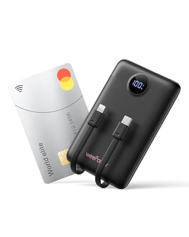 Batería Externa Carga Rápida 10000mAh, WeeFancy Mini Power Bank con 2 Cables Integrados USB C, PD 22.5W Pequeña Compacto Cargador Portátil Universal para Tipo C y iPhone 16/15/14/13/12/Samsung/Android
