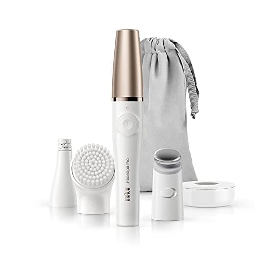 Braun - FaceSpa Pro 912 - Depiladora facial, limpiadora y sistema de tonificación de la piel, 3 en 1, con 3 accesorios, color blanco y bronce