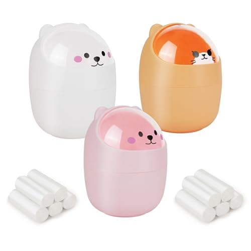 MOAMUN 3 Piezas Mini Papelera Escritorio con 200 Bolsas Basura, Bonito Animal Cubo Papelera Oficina con Tapa Volteable, Duradero Cubo Basura Pequeño para Oficina En Casa Cocina Dormitorio Tocador Buró