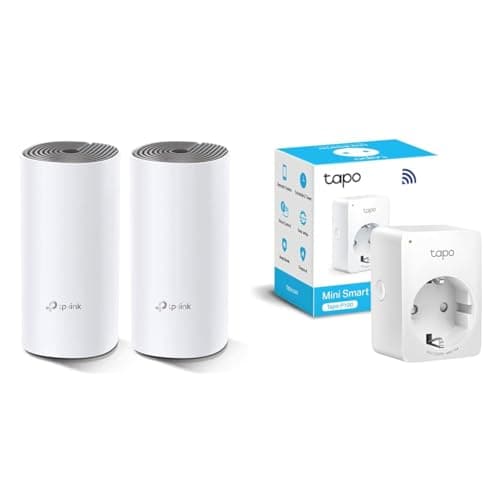 TP-Link Deco E4(Paquete de 2) - Wi-Fi Mesh de Doble Banda AC1200, Cobertura wifi de hasta 260㎡ & TP-Link TAPO P100 - Wi-Fi Mini Smart Plug, Ideal para agendar ligar/desligar y economizar energía