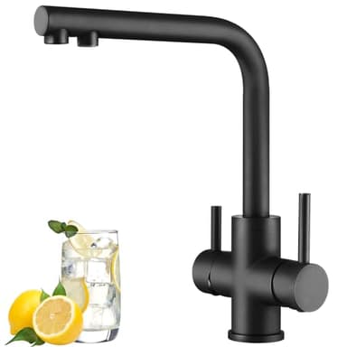 CREA Grifo Cocina 3 Vías Osmosis, Grifo Osmosis Fregadero Giratorio a 360°, Grifo de Cocina Tre Vías con Dos Asas, Grifo Cocina Fregadero Tre Vías, Negro Mate