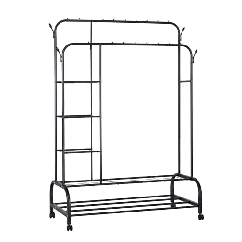 Perchero burro doble con estructura de metal resistente, estantes laterales, zapatero inferior y ruedas giratorias | Organizador móvil ideal para ropa, zapatos y accesorios en dormitorio o vestidor
