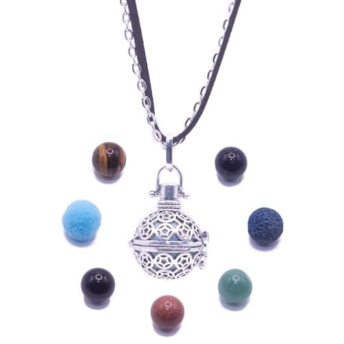 Collar Mujer Llamador de Ángeles Embarazada - Bola Mexicana de Música Vintage - Colgante Mujer Plata Piedras Naturales Talismán 2 Cadenas - Difusor Aromaterapia Aceite Esencial - Bisutería Mujer