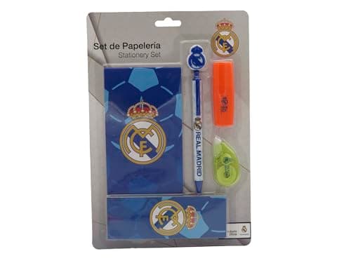 CyP Brands- Real Madrid, Set de Papelería, Escritura, Marcapáginas, Subrayador, Corrector,Bolígrafo, Block de Notas, Color Blanco, Producto Oficial