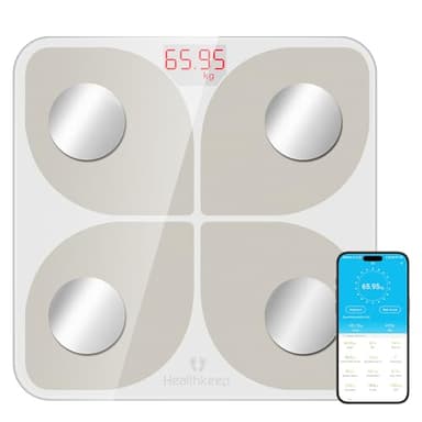 Báscula Pesa Persona, Healthkeep Balanza Conectada Bluetooth Impedancia Pese Personas Alta Precisión con 13 Medidas Corporales APP Para Android e iOS, Capacidad 180kg/400lb, 28x28cm