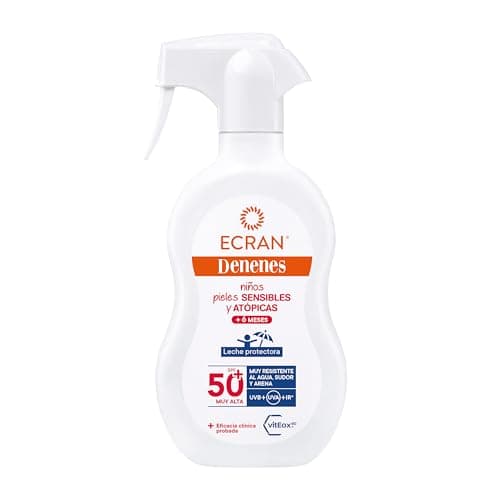 Ecran Denenes - Leche Protectora Solar SPF 50+ para Niños en Spray, Protección UVB, UVA e IR-A, Resistente al Agua, con Extracto de Algodón y Vitamina E, Apta para Pieles Sensibles y Atópicas - 270 ml
