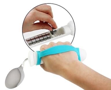 KMINA - Cuchara Adaptada Discapacidad Asa Flexible Bilateral, Cubiertos Mayores Mango Grueso, Ortopédica Adulto Curva, Especiales Ancianos