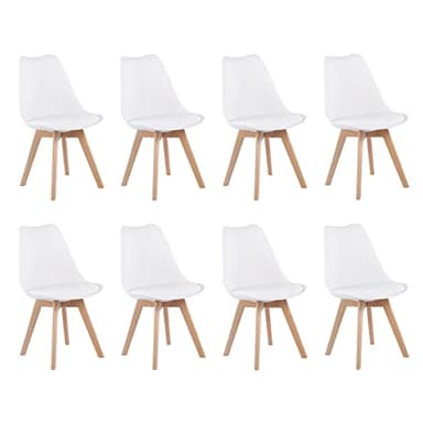 EGGREE Pack de 8 Sillas de Comedor Sillas Cocina Nordica con Asiento Tapizado y Las piernas de Madera de Haya Maciza, Blanco
