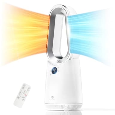 Ultty Calentador Ventilador Sin Aspas Combo, Ventilador Calefactor 2000 W Ventilador Frío 28 W, Uso Durante Toda La Temporada, Control Remoto Y Táctil, Temporizador, Calentador de Ambiente, Blanco