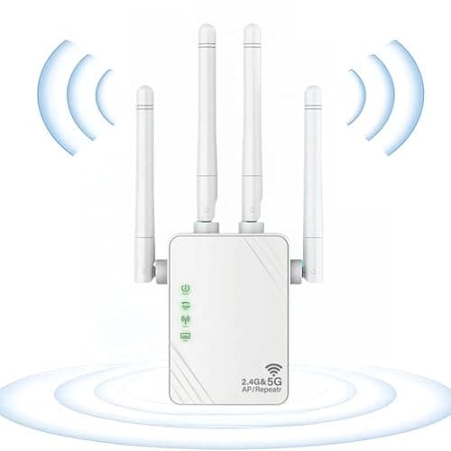 AILKIN Repetidor WiFi, Amplificador W-iFi Blanco 1200Mbps Doble Banda 2.4G/5G, Amplificador WiFi, 2 Puertos LAN, 4 Antenas, Extensión Wi-Fi para Casa y Oficina, Repetidor/Router/Ap