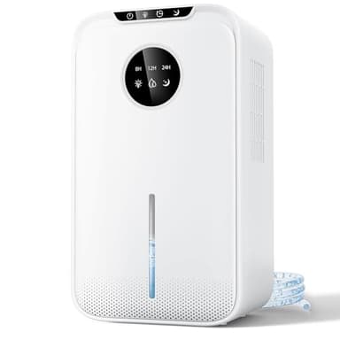 Deshumidificador 2500ML, Dehumidifier Eléctrico mit Manguera de Drenaje de 1m, Modo de Sueño Silencioso Deshumificadores de Humedad con Apagado & Descongelación Automático, 8/12/24H Temporizador