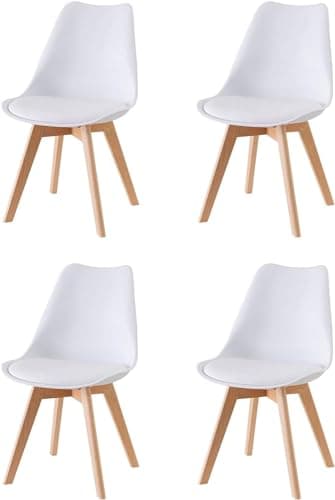 Baroni Home Silla de Comedor o de Trabajo con Patas de Madera, Silla Ergonómica con Cojín Integrado, 50X48X82 cm (Blanco, 4)