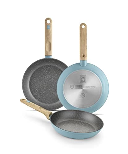 BRA Nordik Set de sartenes 18-22-26 cm de diseño nórdico de aluminio forjado con antiadherente, aptas para todo tipo de cocinas incluida inducción, color turquesa