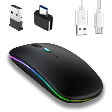 Jinpojun Raton ​Inalambrico Recargable con Bluetooth 5.1 y USB 2,4 GHz, Raton Gaming Retroiluminado de 7 Colores para Laptop, PC, Ordenador, Chromebook, Notebook, 3 dpi, Ultra Delgado