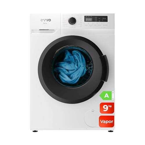 EVVO Lavadora 9kg, Vapor, Clase A, Motor Inverter, Lavado Rápido 15', Estrecha 53cm Profundidad, Bajo consumo, 1400 rpm, 15 programas, Carga frontal, Blanco, Terra (9Kg)