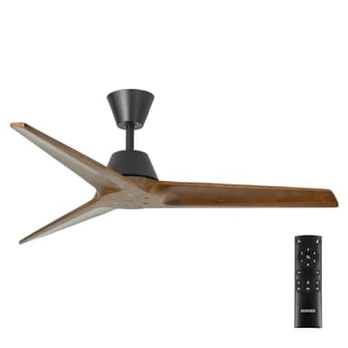 NORHES Lobb Ventilador Techo Sin Luz Negro/Madera Oscura. 3 Aspas Ø132cm. Motor DC. Verano/Invierno. 6 Velocidades. Control Remoto Temporizador. Bajo Consumo Silencioso. Brisa Natural