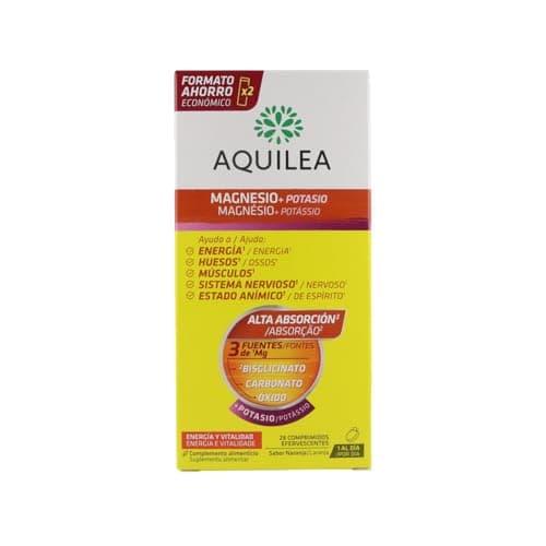 AQUILEA | Magnesio + Potasio | 28 Comprimidos Efervescentes | Recuperación tono muscular y minerales | Combate fatiga, debilidad muscular y calambres | Energía y Bienestar