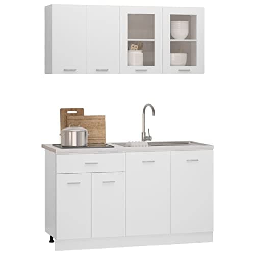 Homgoday Módulos de Cocina,140cm 4 pzs Juego de Muebles de Cocina de Cocina aglomerado Blanco Armario Colgante/Armario Inferior de cajón/Armario Colgante de Vidrio/Armario Inferior de Fregadero