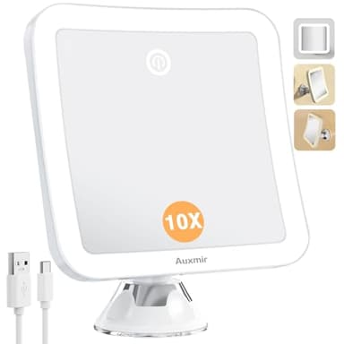 Auxmir Espejo Maquillaje con Luz 10X, Espejo Aumento Ventosa Ducha, 2000 mAh USB Recargable, 360 Giratorio, 3 Colores de Luz, Inalámbrico para Pared Baño Viaje, Afeitado Depilación Cejas, Cuadrado