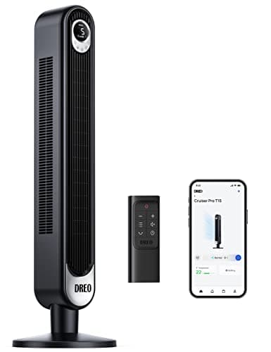 Dreo Ventilador de torre inteligente silencioso 28 dB, 106 cm de altura 4 modos 6 velocidades Temporizador 12H Ventilador de pedestal oscilante de 90° con mando a distancia Control por voz