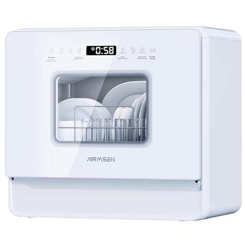 AIRMSEN Lavavajillas Portátil Pequeño con 7+2 Programas, Función de Sal Absoftante Depósito de 5L Control Táctil y Pantalla LED, Para Cocinas, Apartamentos y Dormitorios, Blanco